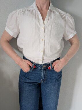 White Clip Dot Collared Button-Up Short-Sleeve Women's Medium